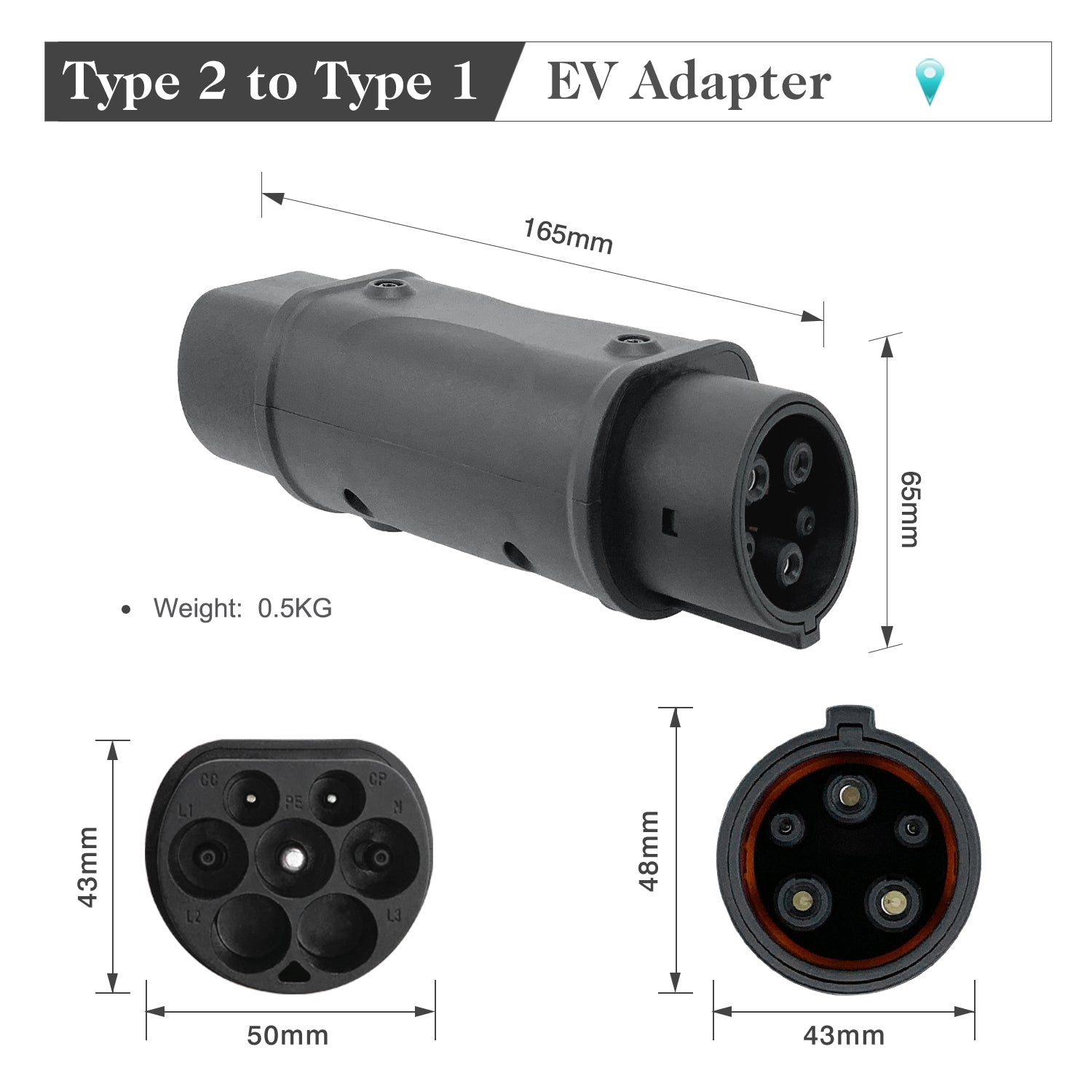 Type 2 To Type 1 EV Adapter 32 Amp Electric Car Charging Cable Adapter