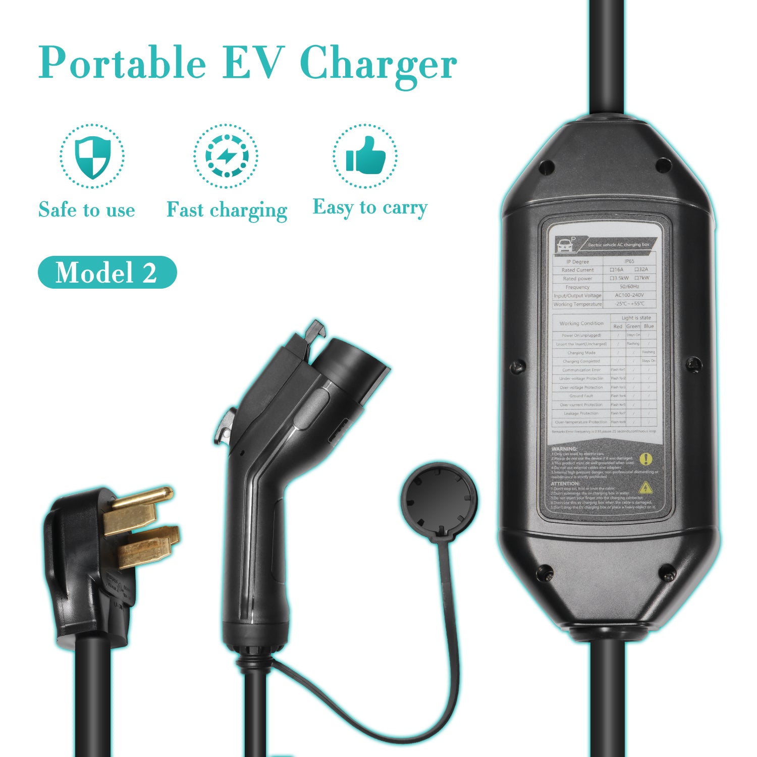 7Kw Portable EV Charger Level 2 With 20Ft J1772 Cable & NEMA 14-50 Plug (240V 32A)